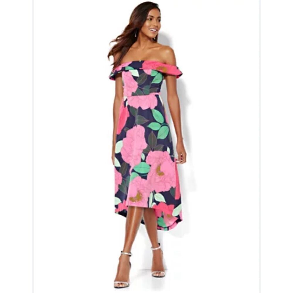NY & Company off cold shoulder hi low train floral dress small formal party blac